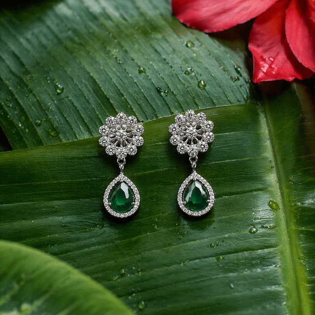 Green American Diamond Drop Earrings | Premium Rhodium Plated Anti-Tarnish Jewellery